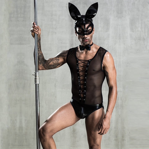 Mens Bunny Cosplay Costume Tuxedo Sexy Lingerie Set Role Play Uniform Night Club Costume Outfit