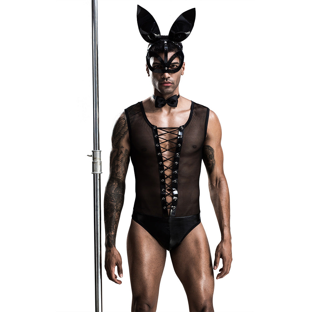 Mens Bunny Cosplay Costume Tuxedo Sexy Lingerie Set Role Play Uniform Night Club Costume Outfit