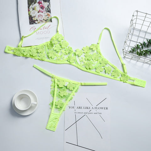 Sexy Underwire Push Up Strappy Embroidered Mesh Sheer Lingerie Set for Women Bra and Panty 2 Piece