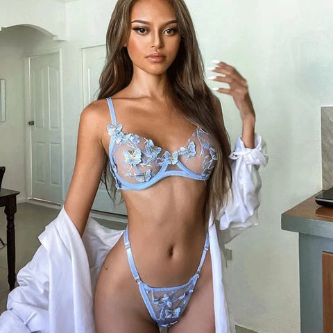 Sexy Underwire Push Up Strappy Embroidered Mesh Sheer Lingerie Set for Women Bra and Panty 2 Piece