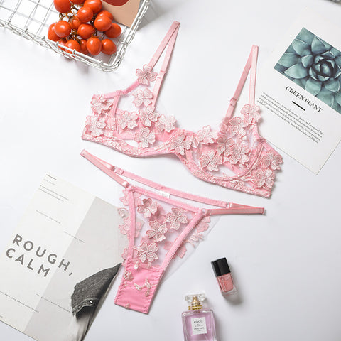 Sexy Underwire Push Up Strappy Embroidered Mesh Sheer Lingerie Set for Women Bra and Panty 2 Piece
