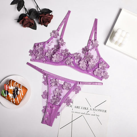 Sexy Underwire Push Up Strappy Embroidered Mesh Sheer Lingerie Set for Women Bra and Panty 2 Piece