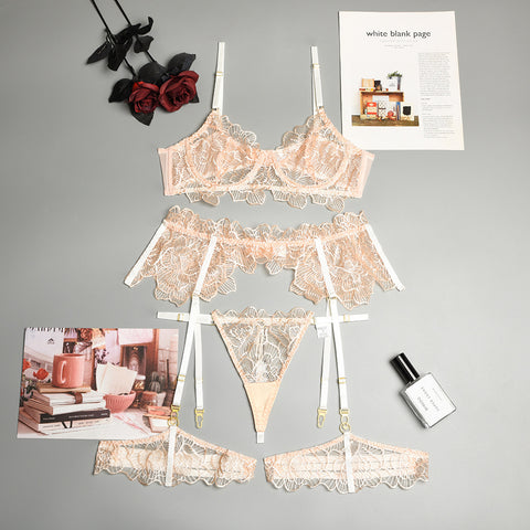 Sexy Underwire Push Up Strappy Embroidered Mesh Sheer Lingerie Set for Women Bra and Panty 3 Piece