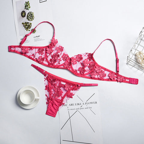 Sexy Underwire Push Up Strappy Embroidered Mesh Sheer Lingerie Set for Women Bra and Panty 2 Piece
