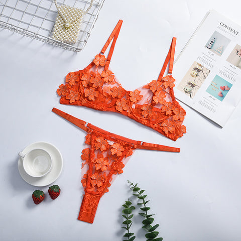 Sexy Underwire Push Up Strappy Embroidered Mesh Sheer Lingerie Set for Women Bra and Panty 2 Piece