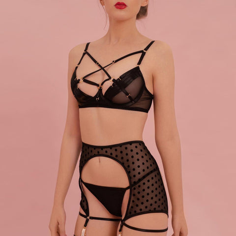 Lingerie Set for Women, Sexy Luxe Criss-cross Bra Set Lace Cups Classic Underwear with High Waisted Suspender Thong