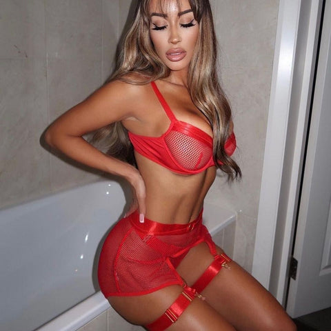 Lace Garter Lingerie Set with Removable Choker Teddy Babydoll Strappy Bra and Panty Set