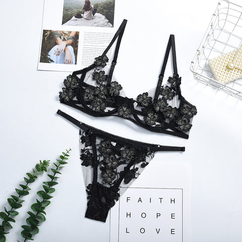 Sexy Underwire Push Up Strappy Embroidered Mesh Sheer Lingerie Set for Women Bra and Panty 2 Piece