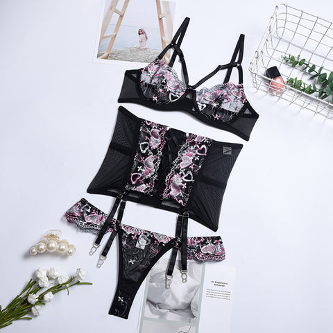 Womens Strappy Lace Garters Lingerie set Bra Panty Tassel Skirt Gloves 3Pcs /4Pcs Teddy Bodysuit