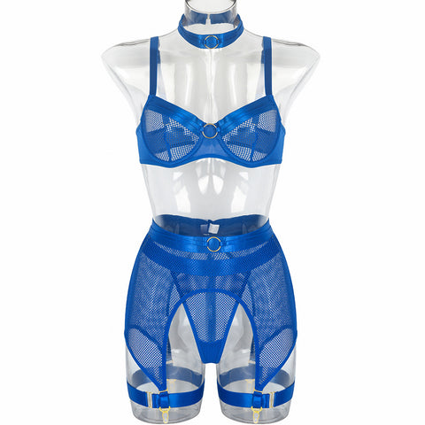Lace Garter Lingerie Set with Removable Choker Teddy Babydoll Strappy Bra and Panty Set