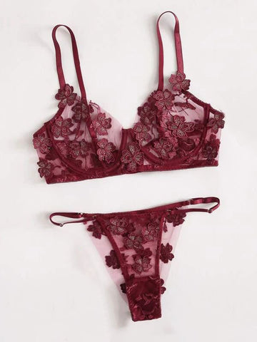 Sexy Underwire Push Up Strappy Embroidered Mesh Sheer Lingerie Set for Women Bra and Panty 2 Piece