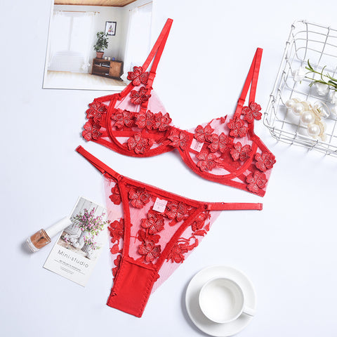 Sexy Underwire Push Up Strappy Embroidered Mesh Sheer Lingerie Set for Women Bra and Panty 2 Piece