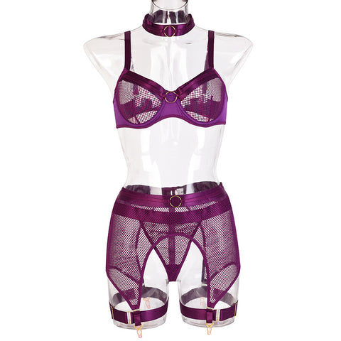 Lace Garter Lingerie Set with Removable Choker Teddy Babydoll Strappy Bra and Panty Set