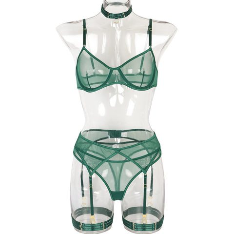 Sexy Choker Floral Lace Underwire Push Up Garter Belt Lingerie Set for Women Sheer Bra and Panty 3 Piece