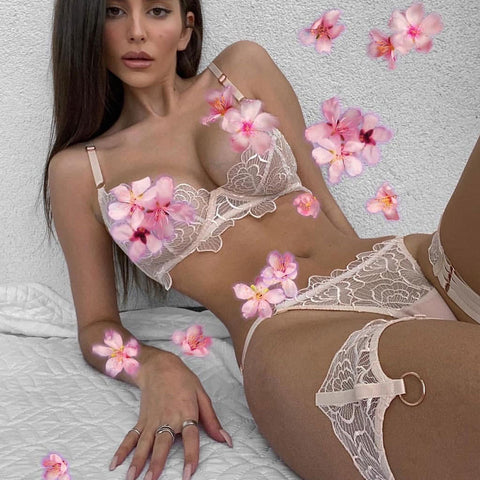 Sexy Underwire Push Up Strappy Embroidered Mesh Sheer Lingerie Set for Women Bra and Panty 3 Piece
